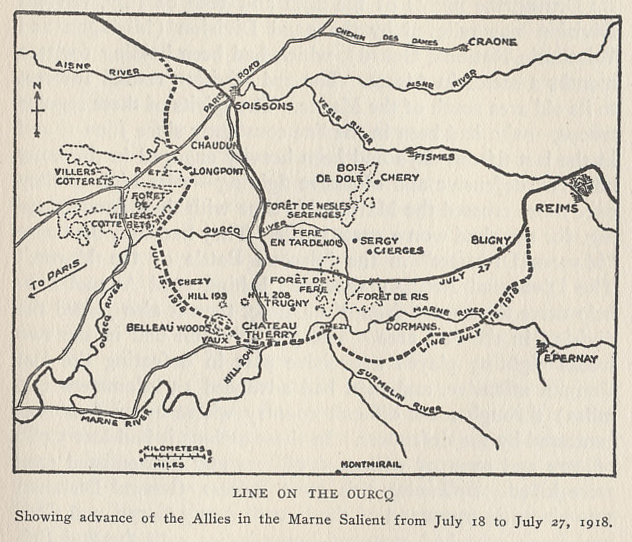 Line on the Ourcq showing advance of the Allies in the Marne Salient from July 18 to July 27, 1918. From %i1%The History of The A.E.F.%i1% by Shipley Thomas.